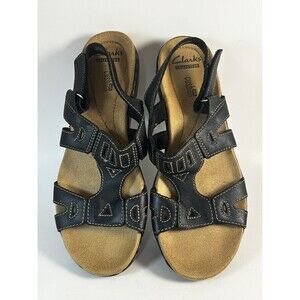 Clarks Womens Size 7 Black Leather Sandals Sling Back Strappy Stitched Flats